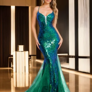 Sleeveless Green Cocktail Prom Dress Spaghetti Strap Sequin Luxury