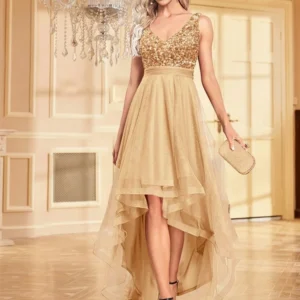 Elegant Women Sleeveless Sequin Floor Length Formal Evening Dress