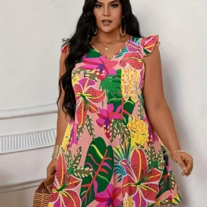 Dress for Women Casual Floral Print V Neck Curve Clothing Butterfly Sleeve Dresses
