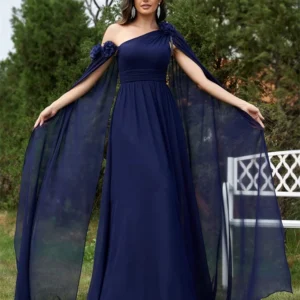 Luxury Chiffon Streamer Navy Evening Dress Long Elegant Dress