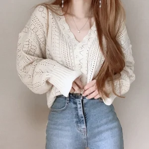 Pointelle Knit Cardigan Women's Semi Sheer V-neck Long Sleeve