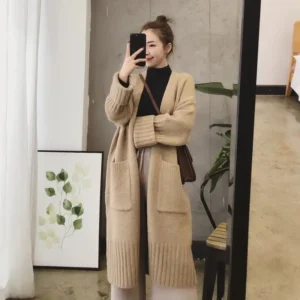 Sweater Cardigan Coat Women Loose Medium Length Knitted Cardigan