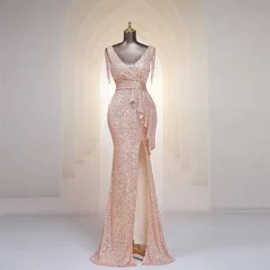 Gold  Sequins Trumpet Evening Dresses Beads Tassel V Neck Ruffles High Split