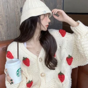 3D Strawberry Sweet Cardigan Women Loose Long Sleeve Cardigans