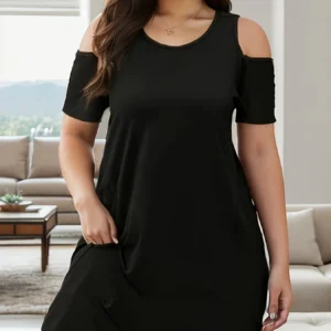 Round Neck Fashion Plus Size Solid Color Off Shoulder Dress