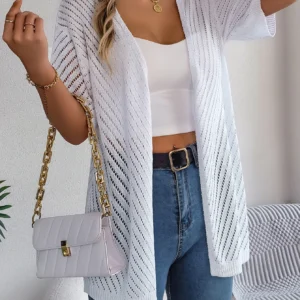 Casual Solid Color Short Sleeve Hollow Out Knitted Cardigans For Women