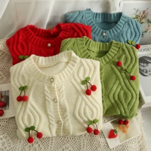 Fashion Cherry Knitted Cardigan Women Autumn  Sweaters