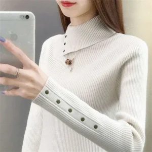 Women Solid Turtleneck Long Sleeve Ladies Jumper Knitted Coat