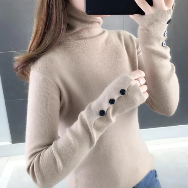Women Turtleneck Buttons Solid Warm Sweater Long Sleeve - Image 3