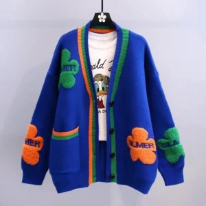 Blue Acrylic Knit V-Neck Letter Flower Casual Women's Cardigan