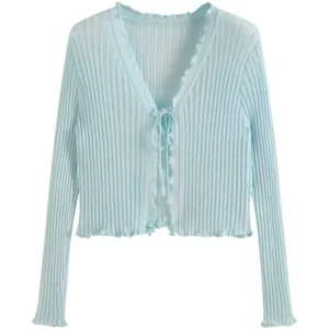 Women‘s Blue Hollow Knitted Sunscreen Cardigan Korea Fungus