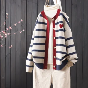 New Stripes Color Matching Button Round Neck Knitted Cardigan Women
