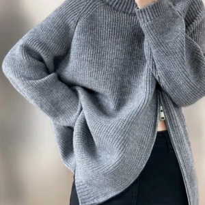 Women's Turtleneck Zipper Long Sweater Coat Oversize Ladies
