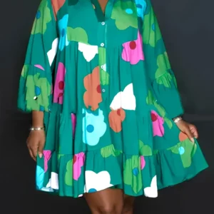 Printed Women's Casual Loose Button Streetwear Polyester V-Neck Pleated Dresses