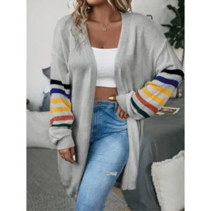 Women's Fashionable Sleeve Striped Print Comfortable Elastic Hem Long Cardigan