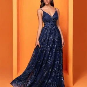Luxury Deep V Neck Evening Dresses Mermaid Blue Gown