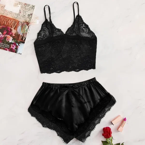 2025 Summer 2 Pcs Women's New Sexy Lace See-Through Pajamas - Image 2