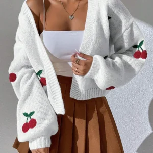 women's loose jacket fashionable low shoulder cherry embroidery pattern cardigan