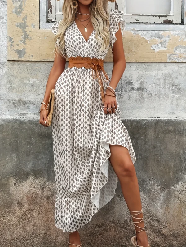 Plus size ladies ruffle cuffs V-neck maxi dress fashionable A-line cut spring