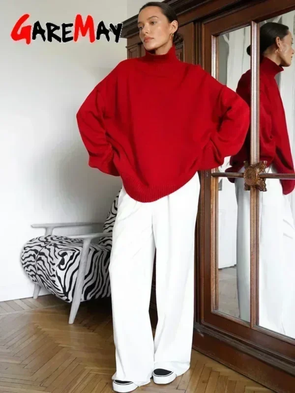 Women's Turtleneck Sweater Oversize Winter Vintage Knitted Red Sweater - Image 2