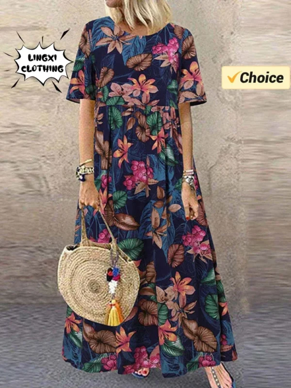 Women's Elegant Plus Size Skirt Loose Round Neck Short Sleeve - Image 4