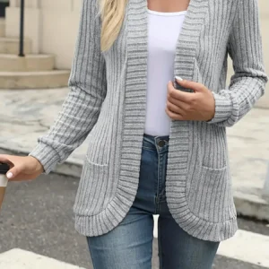 New fashion women's solid color casual pit stripe brushed cardigan jacket