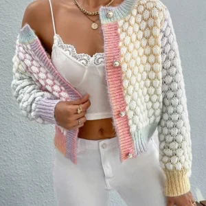Fashionable cardigan, women's Macron color gradient checkered round neck jacket