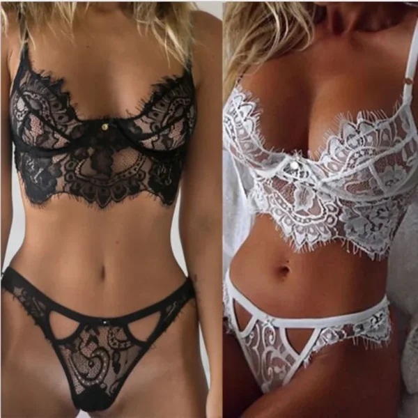 Sexy Lace Bra Lingerie Women Deep V Cross Back Transparent G-string - Image 2