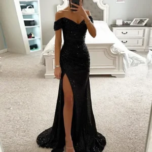 Women Off-Shoulder Sequin Mermaid Split Night Prom Formal Gowns