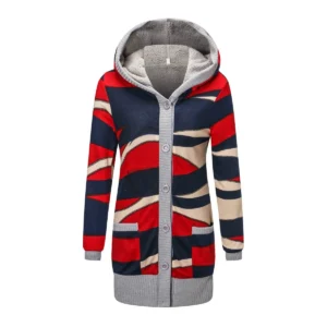 Women Cardigan Striped Print Long Sleeve Sweater Coat hooded