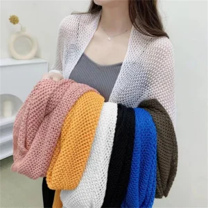 Women Solid Color Long Sleeve Sunscreen Loose Knitted Cardigan