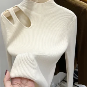 Turtleneck Knitted Women Sweater Ribbed Pullovers Autumn Winter
