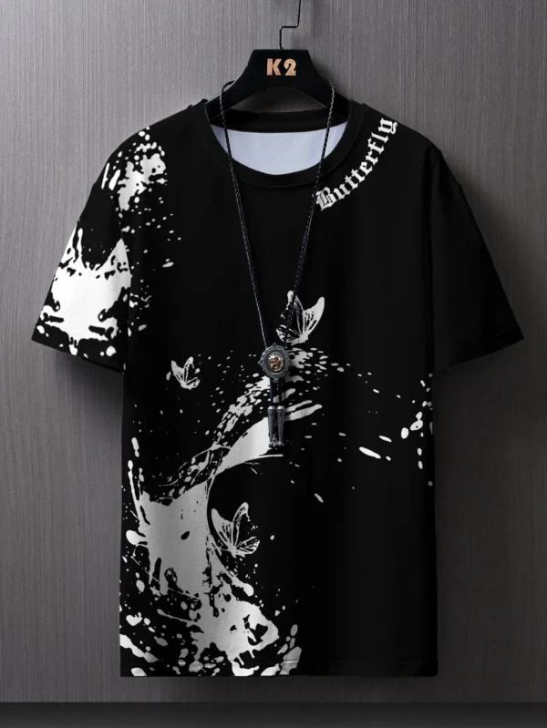 Fashionable casual men's butterfly and splash ink printed T-shirt