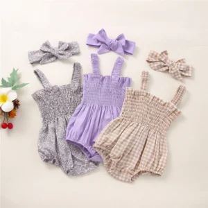 Sleeveless Frill Smocked Strap Romper with Headband Set
