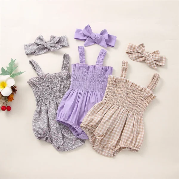Sleeveless Frill Smocked Strap Romper with Headband Set