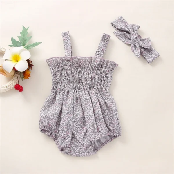 Sleeveless Frill Smocked Strap Romper with Headband Set - Image 4