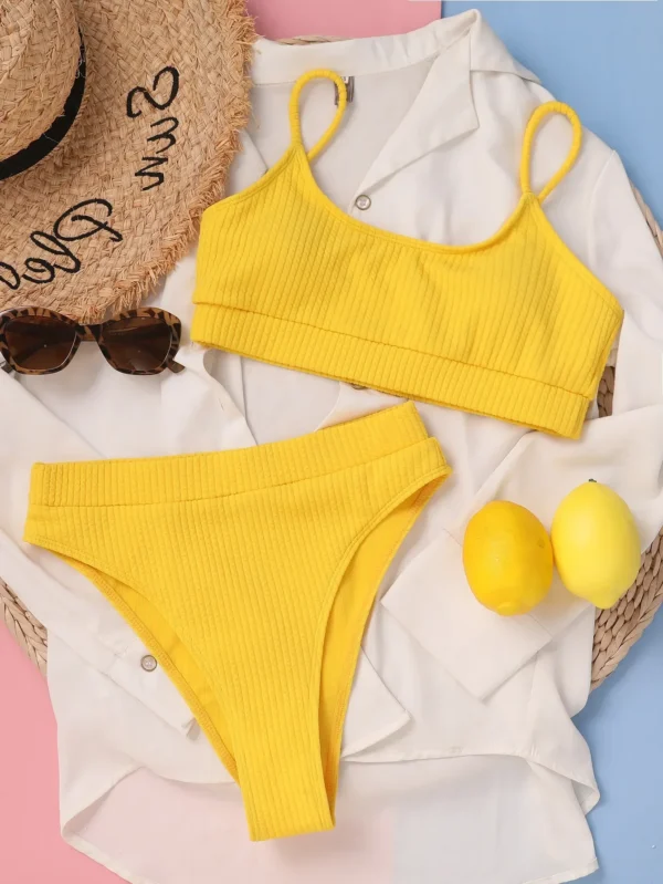 Sexy Solid Yellow Bikini  High Waist Swimwear - Image 2