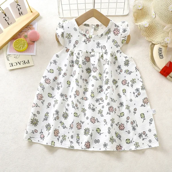 Children's Girls Dress Casual Floral Soft Flying Sleeve Cotton - Image 2