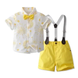 Boy Bow Gentleman Clothes Print Shirt + Yellow Shorts