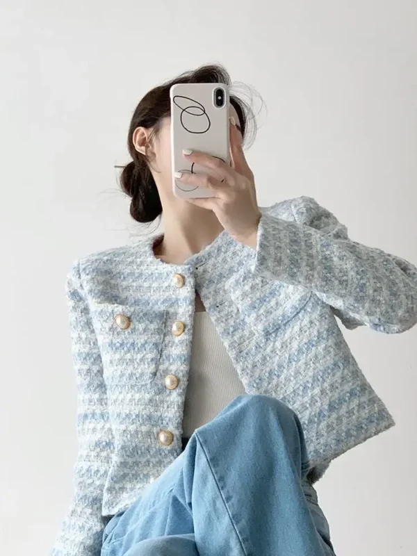 Winter Women Elegant Tweed Cardigan Short Coat - Image 3