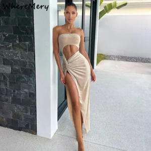 WhereMery Sexy Hollow Out Sleeveless Slit Long Dress