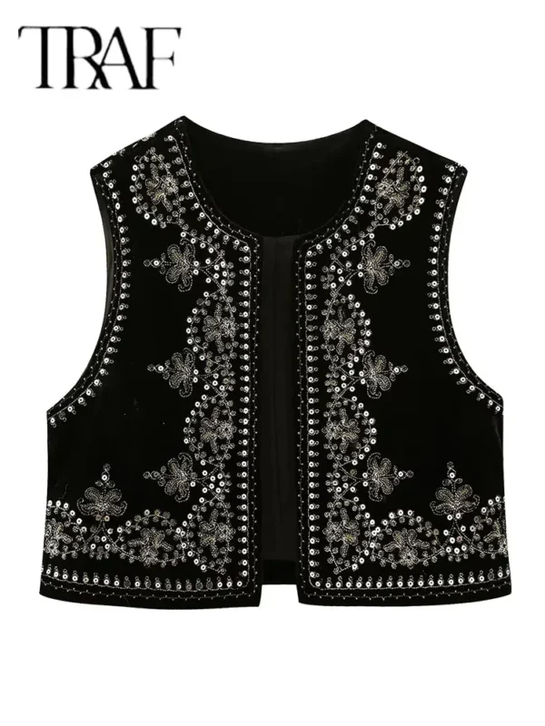TRAF Vintage Embroidered Vest Sleeveless Jacket Women - Image 4