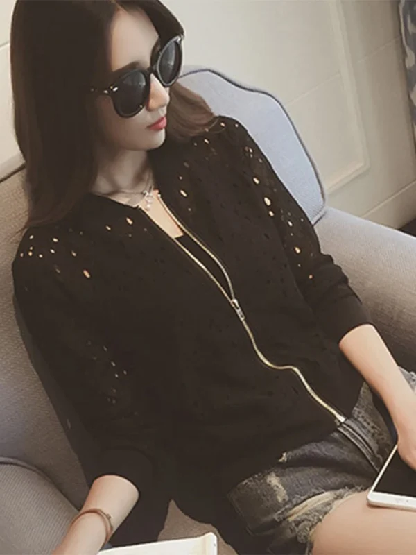 Women's Clothing Hollow Out Breathable Bomber Jacket - Image 5