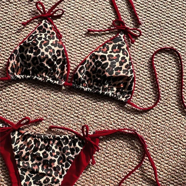 Red Leopard Bikinis Bowknot String Backless Swimsuit - Image 4