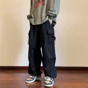 Men Elastic Waist Solid Color Cargo Pants Multi Pocket Loose Baggy