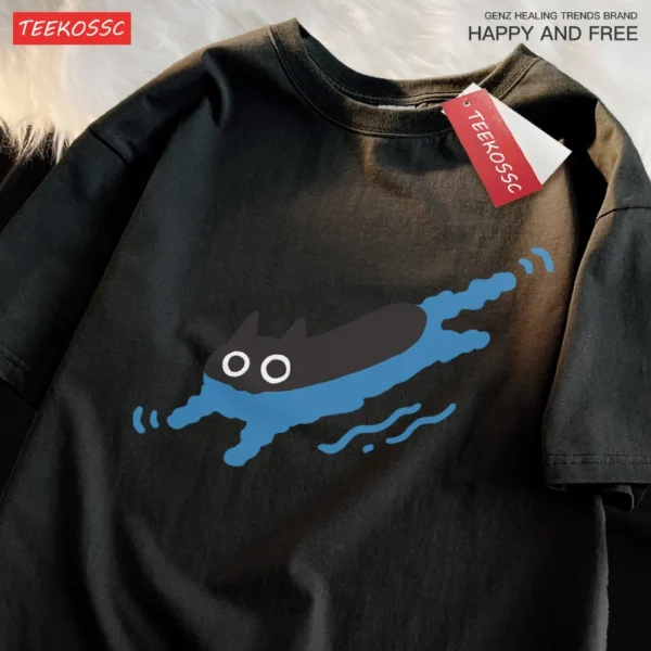 Couple Tees Swimming Black Cat Diving Shoulder Short Sleeved T-shirt - Image 5