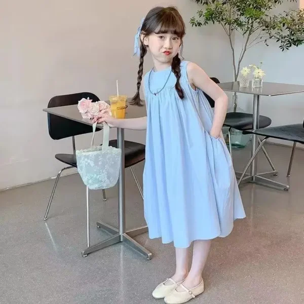 Children Dress Solid Ruched Sleeveless  Girls Dress - Image 4