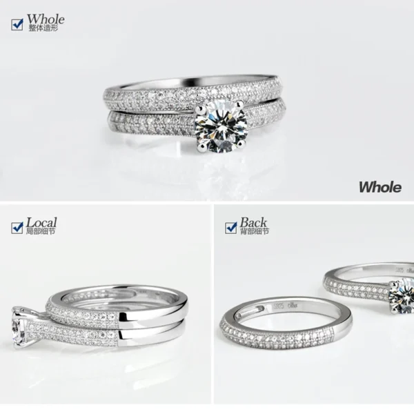 1 pair Vintage Halo 925 Sterling Silver Wedding Ring Set - Image 2