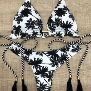 Sexy Black And White Coconut Tree Printed Bikini