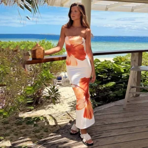 CUTENOVA Flower Printed Off Shoulder Slim Beach Dress